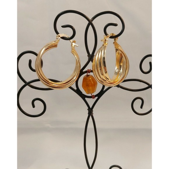 Gold Tone 1/5" wide High Polished Round Hoop Earrings twisted 1.25" long - Picture 3 of 9